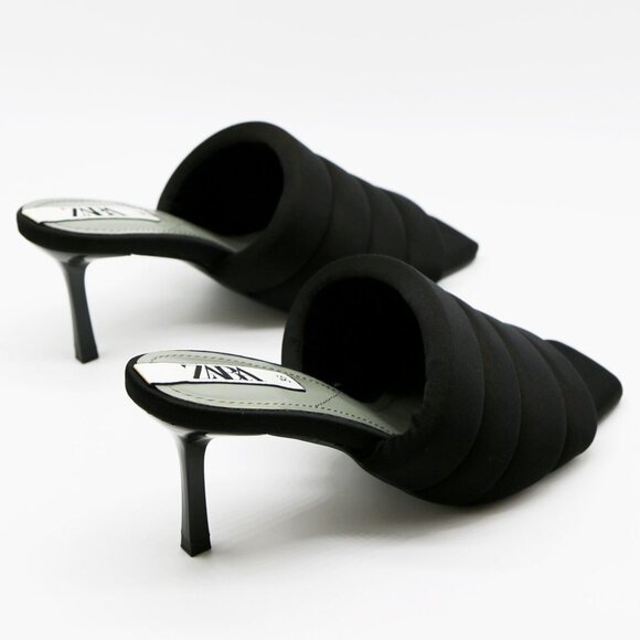Zara Padded Quilted Slip On Slide Heel Mules Sandals 36 Black Square Toe Comfy - Picture 9 of 16